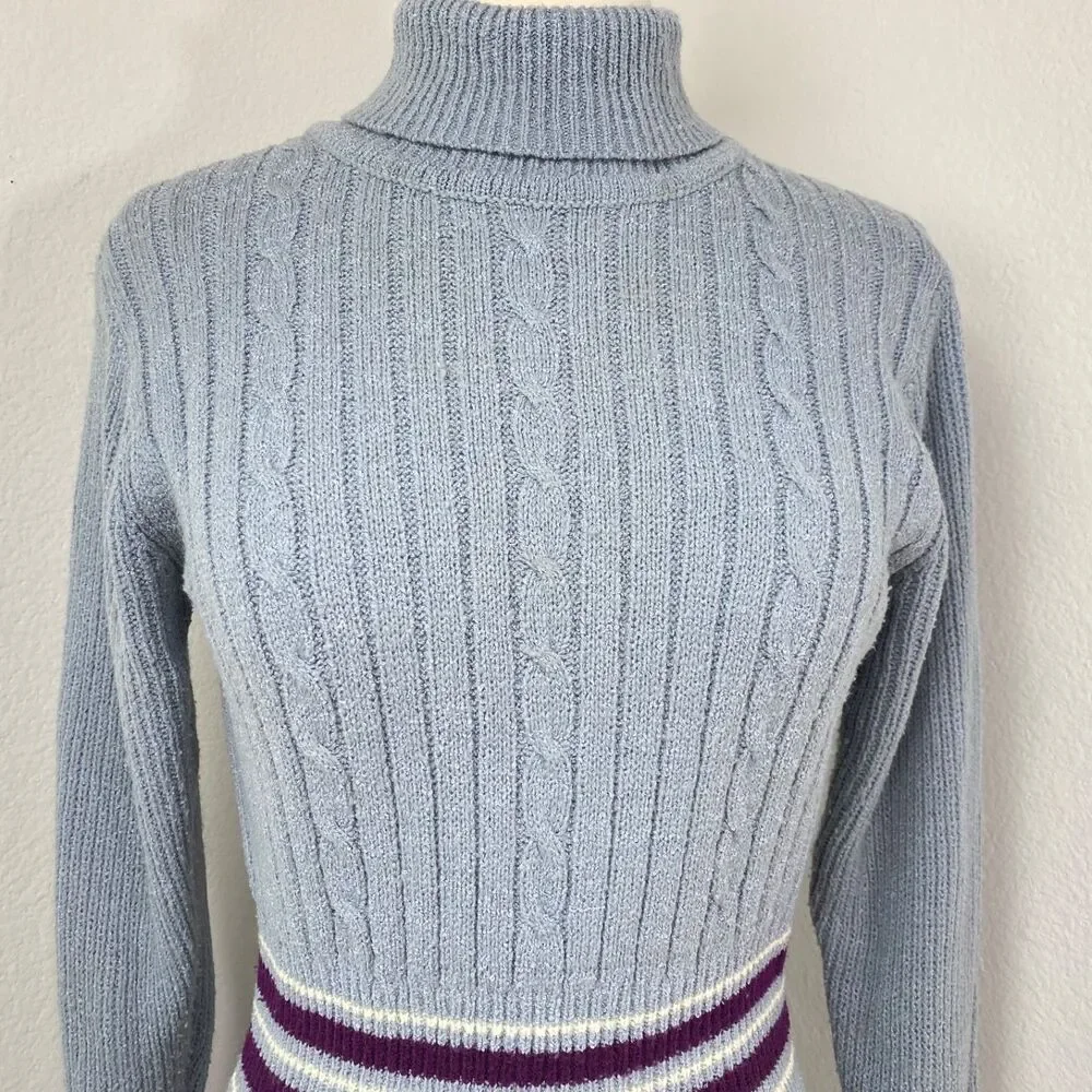 Vintage Gray Knit A-Line Knee Length Dress Med Turtleneck Long Sleeves Academia